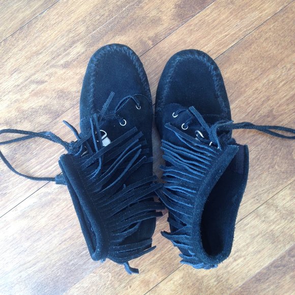 Minnetonka - Black Lace-Up Fringe Wedge Booties - Picture 3 of 8